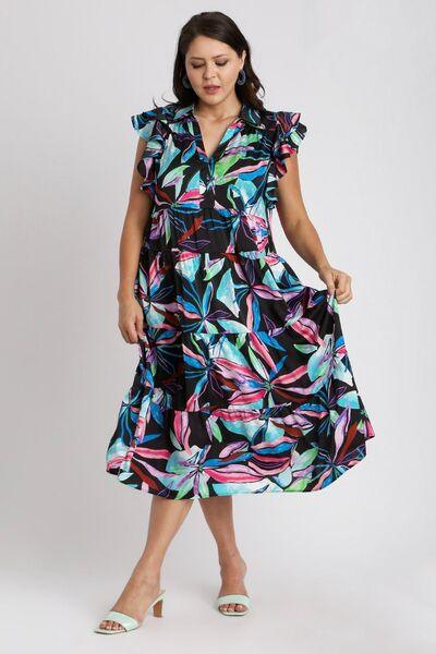 Umgee Full Size Leaf Print Double Layered Ruffle Sleeve Tiered Midi Dress Plus Size - Clothes For Her Online Store