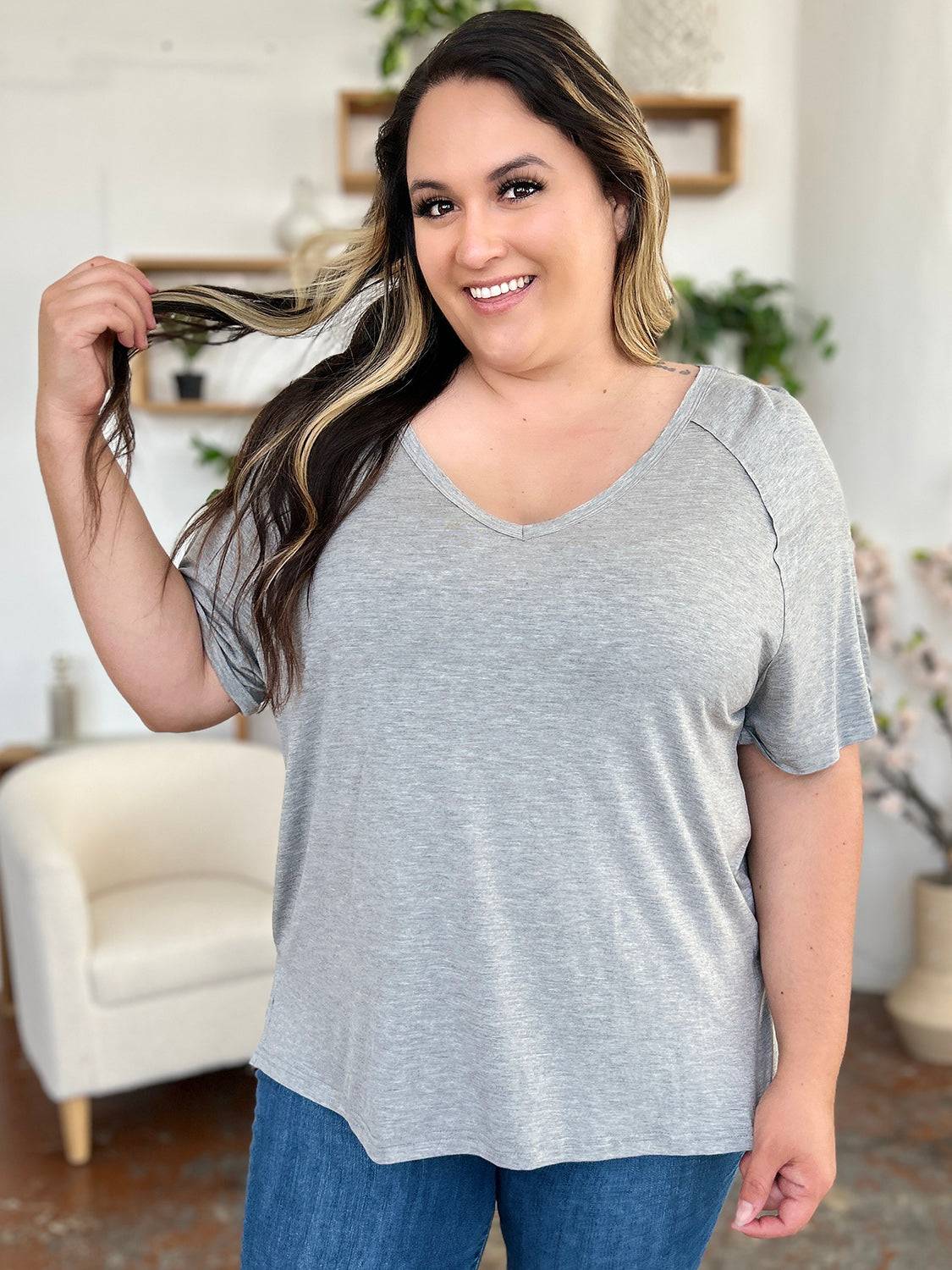 Basic Bae Full Size Bamboo Slit V-Neck Short Sleeve T-Shirt - Clothes For Her Online Store