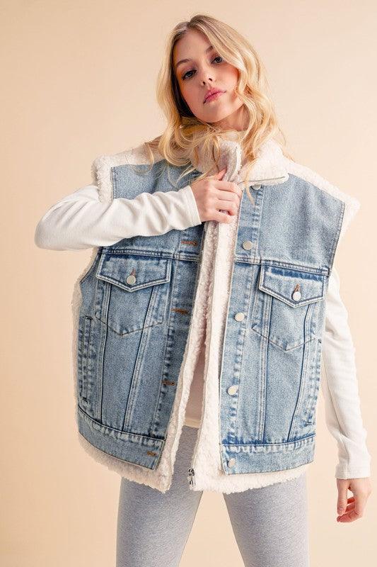 Aemi + Co Fake Two Pieces Denim Patch Sherpa Vest Coat - Clothes For Her Online Store