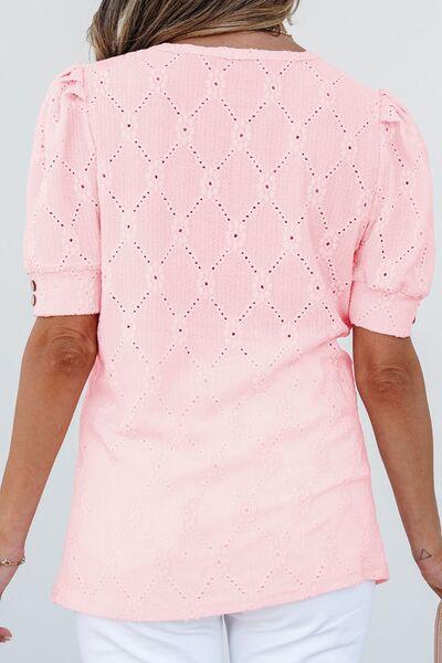 Flower Geometric Textured Short Sleeve Top - Clothes For Her Online Store