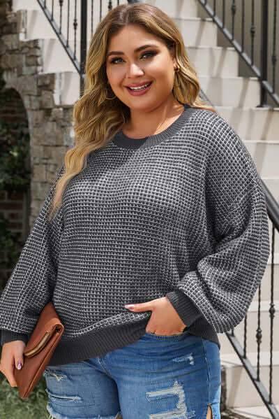 Plus Size Waffle-Knit Round Neck Dropped Shoulder Sweater - Clothes For Her Online Store
