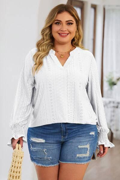 Plus Size Eyelet Notched Flounce Sleeve Blouse - Clothes For Her Online Store
