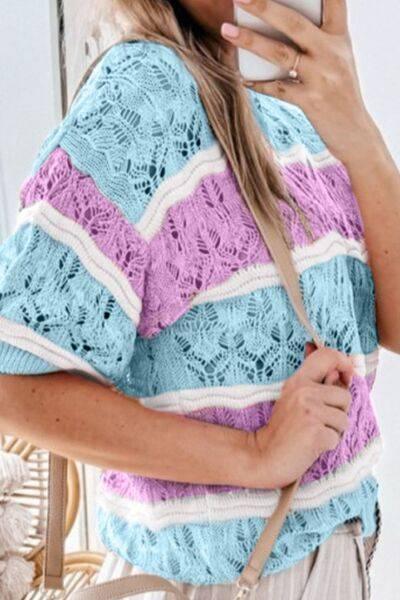 Color Block Openwork Half Sleeve Sweater - Clothes For Her Online Store