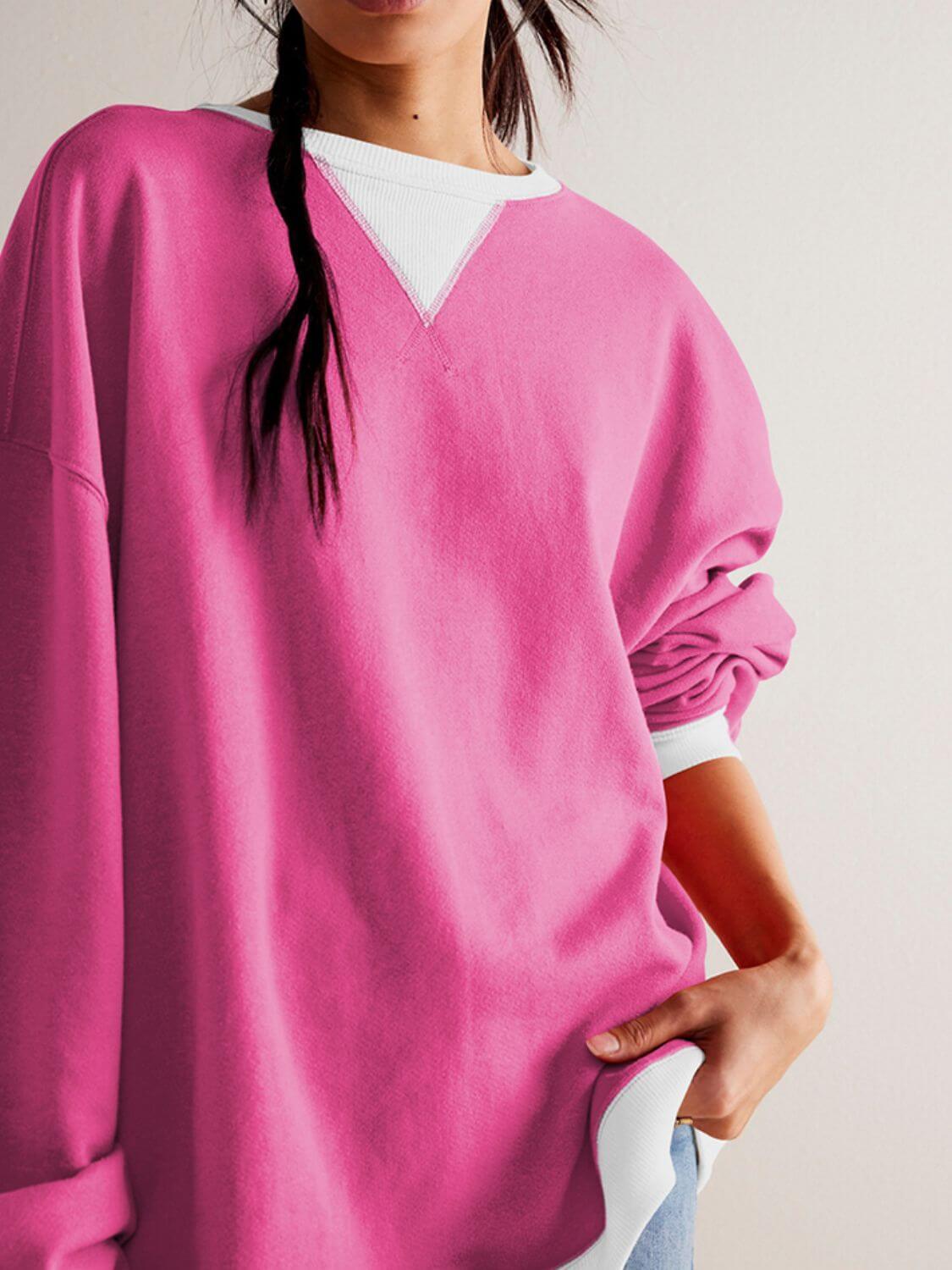 Mandy Contrast Trim Round Neck Long Sleeve Sweatshirt - Clothes For Her Online Store