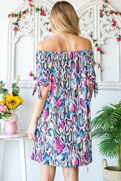 Heimish Full Size Off Shoulder Snake Mini Dress - Clothes For Her Online Store