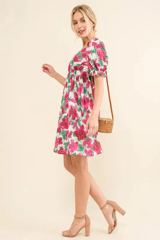 And The Why Smocked Floral Ruffle Short Sleeve Mini Dress - Clothes For Her Online Store