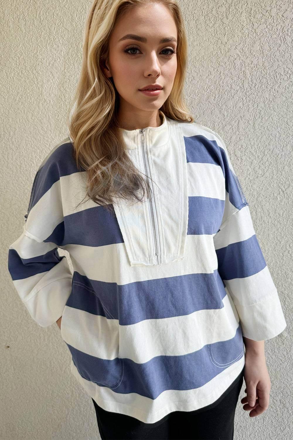 Oh Pima Cotton Wash Striped Half Zip Mock Neck Long Sleeve Top - Clothes For Her Online Store