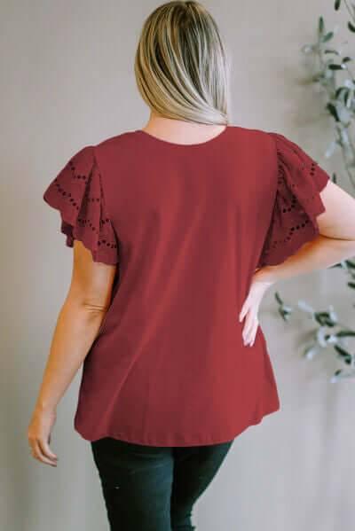 Plus Size Eyelet Round Neck Short Sleeve Blouse - Clothes For Her Online Store