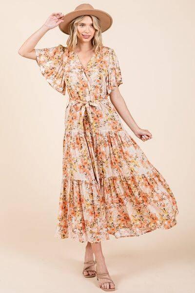 Mittoshop Floral Tie Waist Flutter Sleeve Tiered Dress - Clothes For Her Online Store