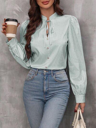 Striped Tie Neck Long Sleeve Shirt - Clothes For Her Online Store