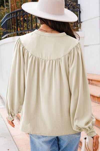 Lantern Sleeve Notched V Neck Ruched Blouse - Clothes For Her Online Store