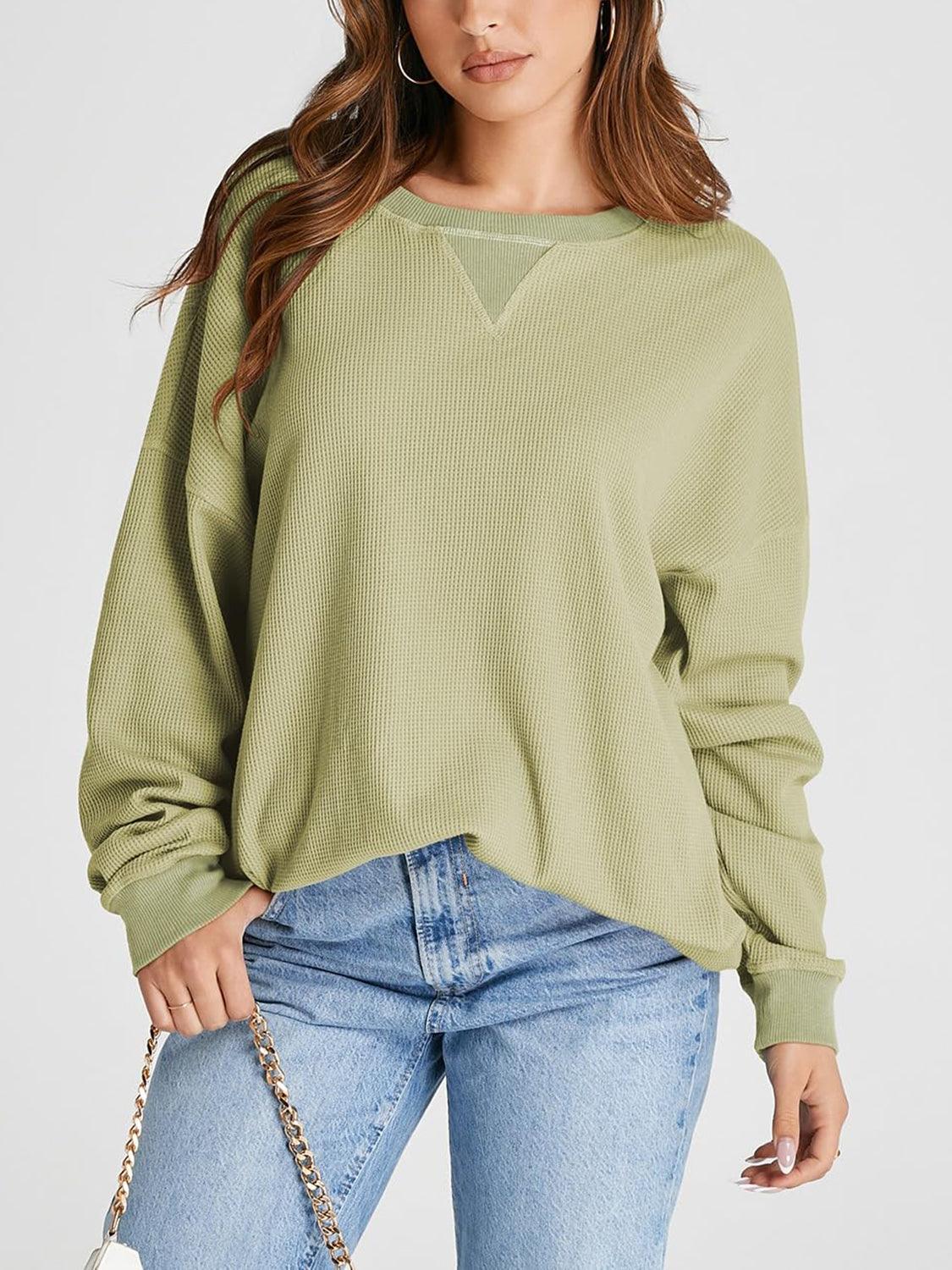 Waffle Knit Round Neck Long Sleeve T-Shirt - Clothes For Her Online Store