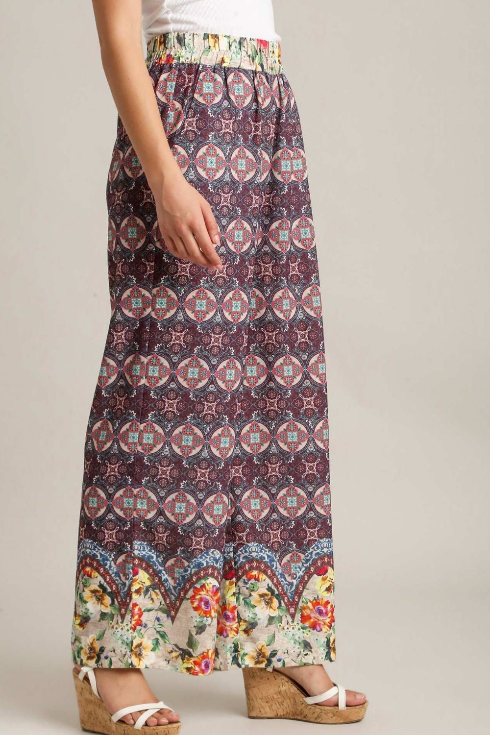 Umgee Full Size Mixed Print Elastic Waistband Pants Plus Size - Clothes For Her Online Store