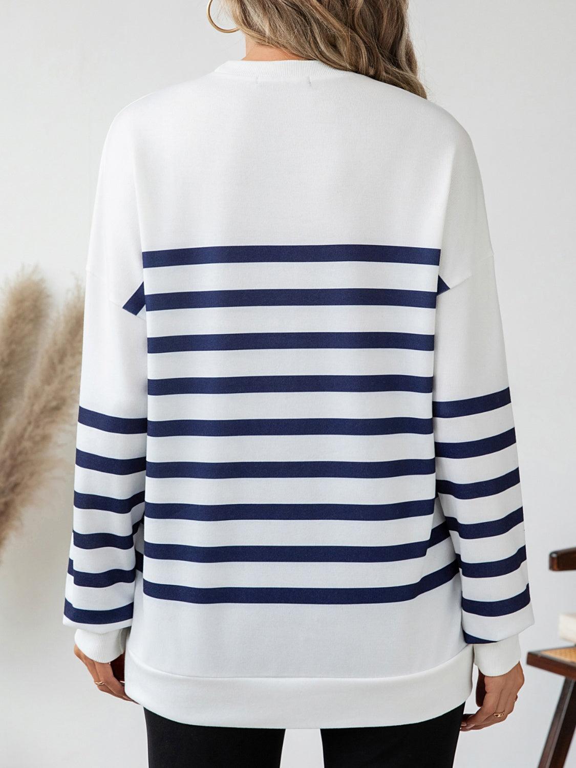 Striped Round Neck Long Sleeve T-Shirt - Clothes For Her Online Store