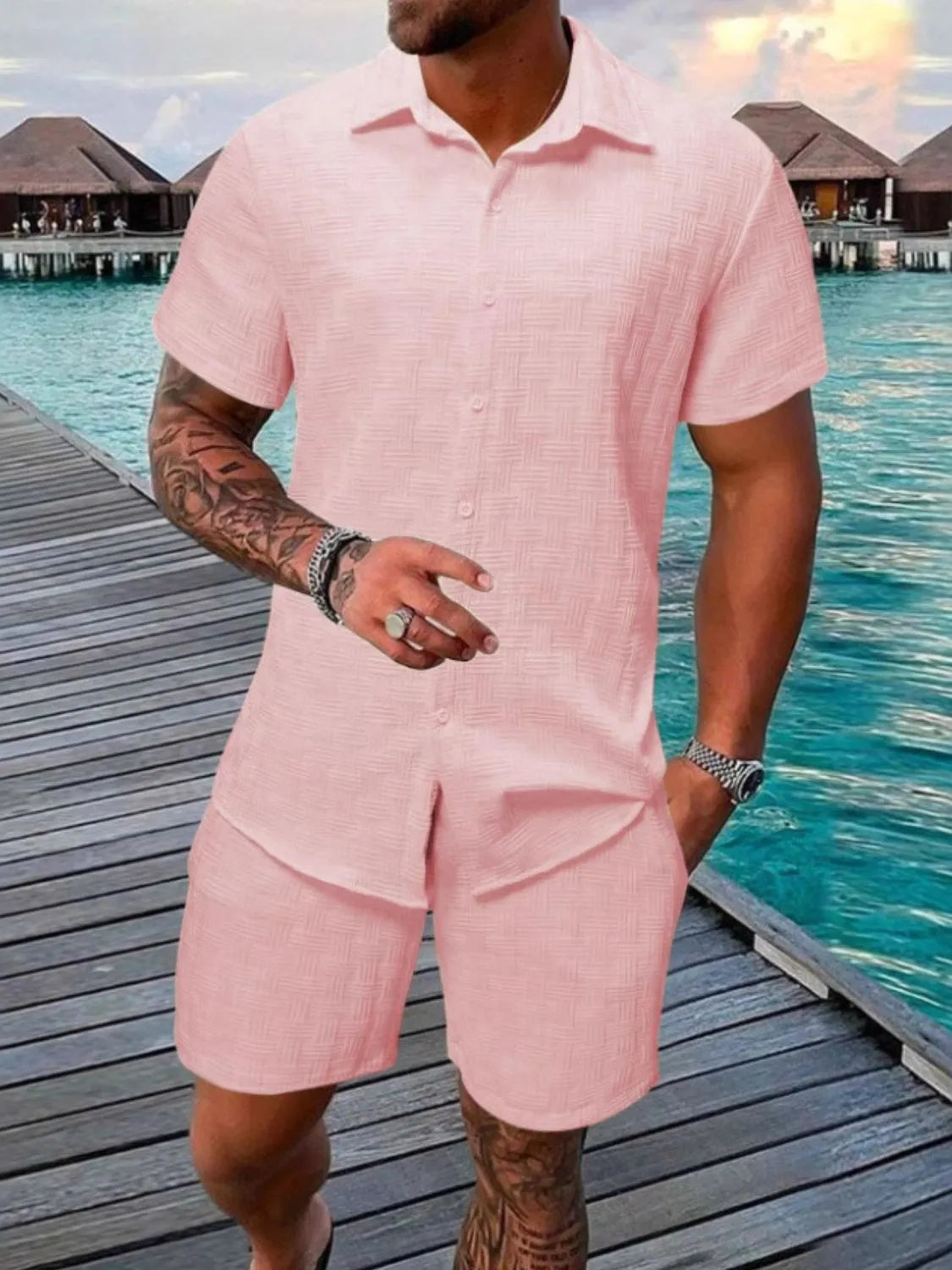 Men's Collared Neck Short Sleeve Top and Shorts Set