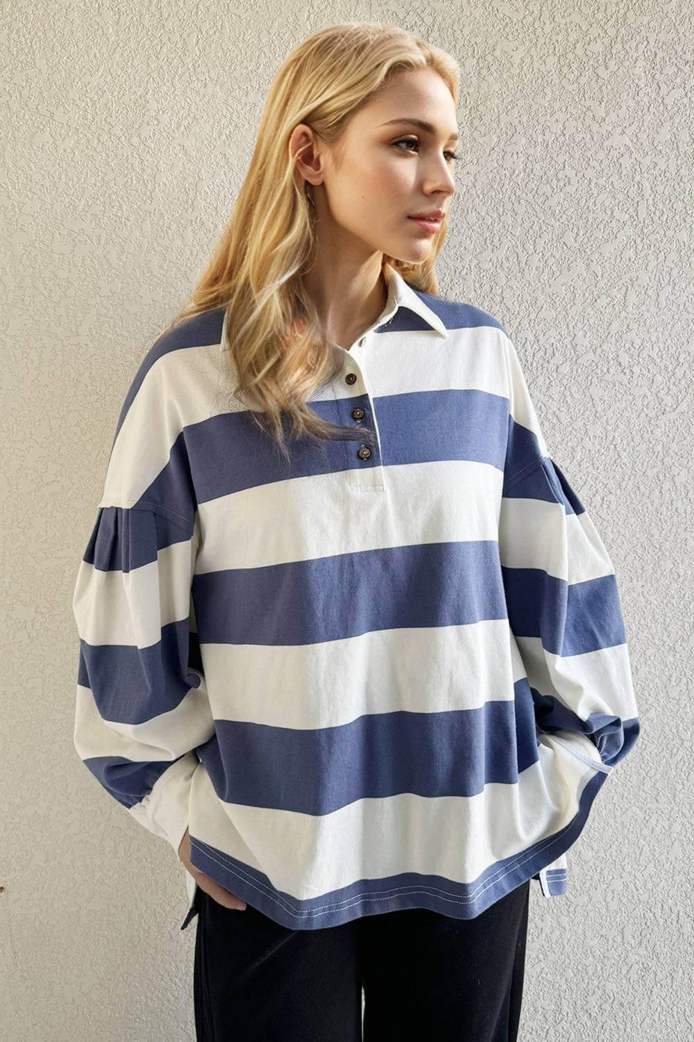 Oh Pima Cotton Wash Wide Striped Collared Neck Long Sleeve Top - Clothes For Her Online Store