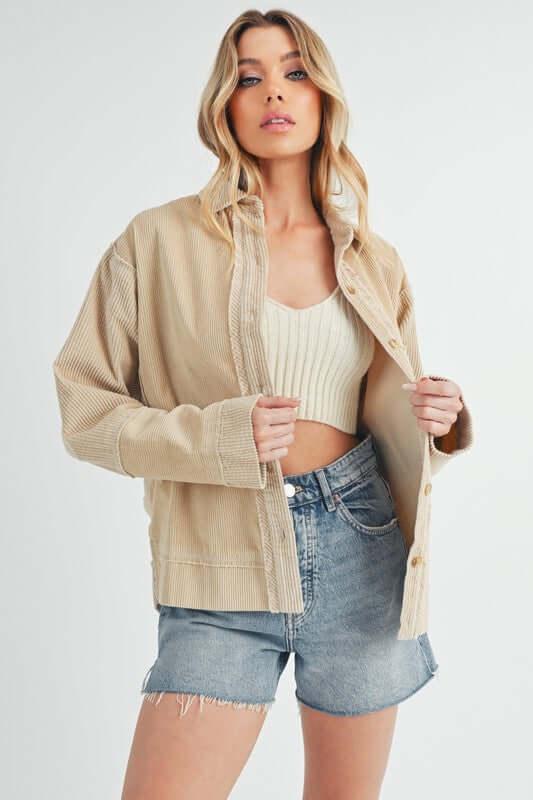 Aemi + Co Side Slit Exposed Seam Button Up Corduroy Jacket - Clothes For Her Online Store