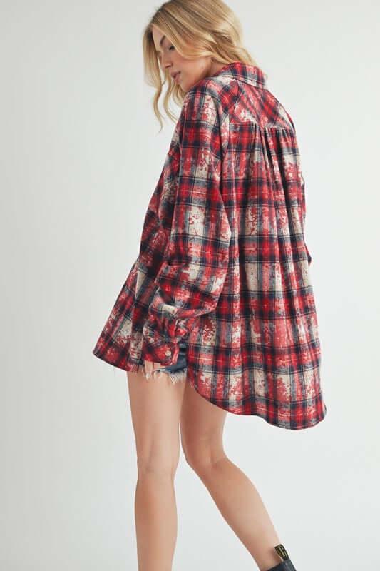 Aemi + Co Washed Plaid Button Up Raglan Sleeve Flannel Shirt - Clothes For Her Online Store