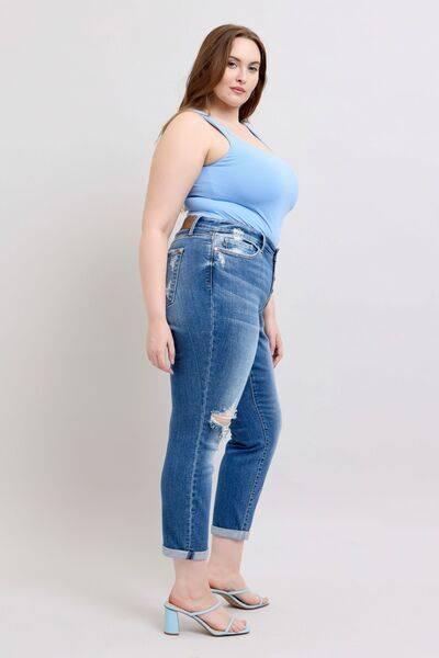 Judy Blue Full Size Button Fly Distressed Jeans with Pockets Plus Size - Clothes For Her Online Store
