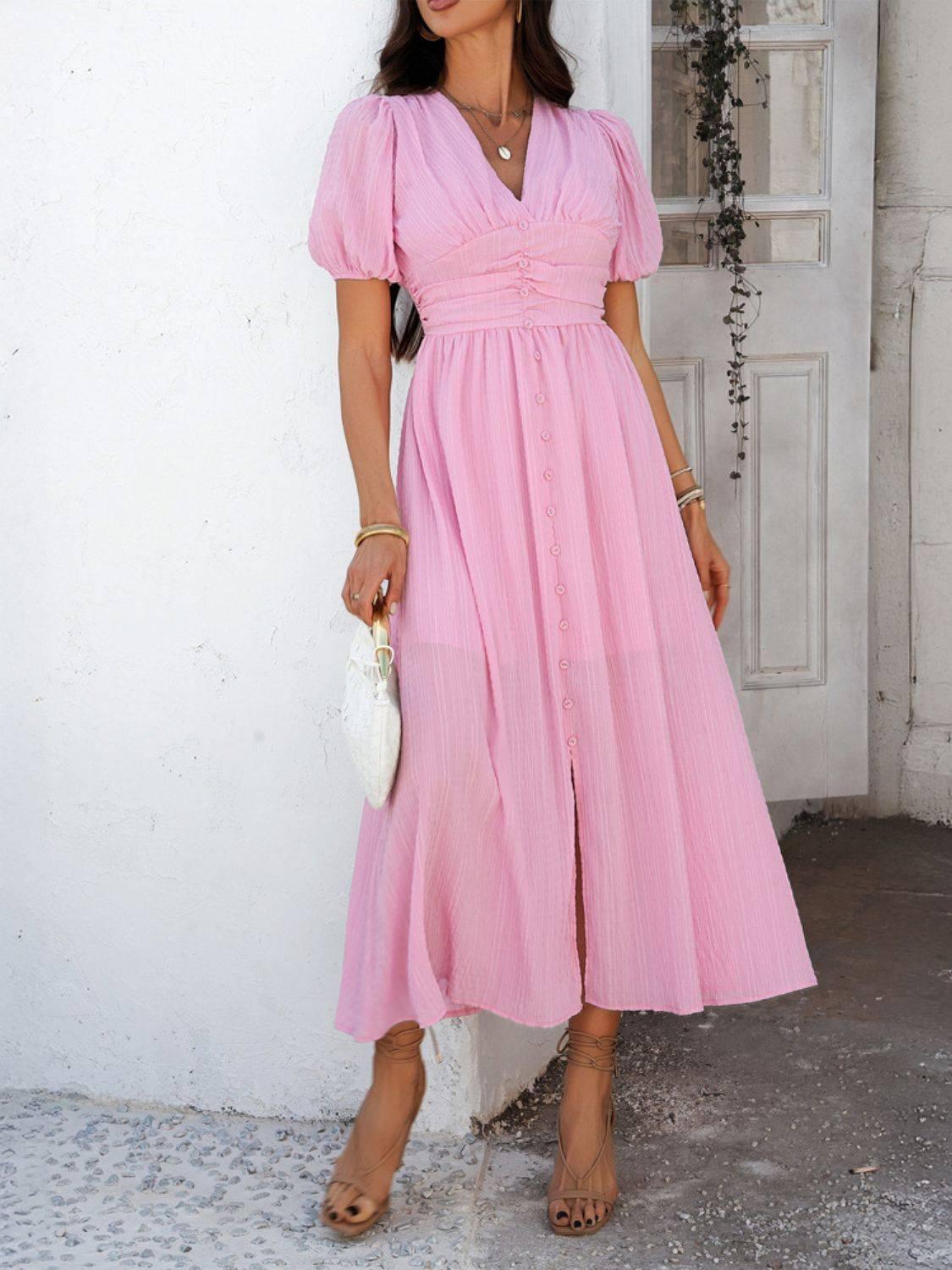 Devine V-Neck Puff Short Sleeve Midi Dress - Clothes For Her Online Store