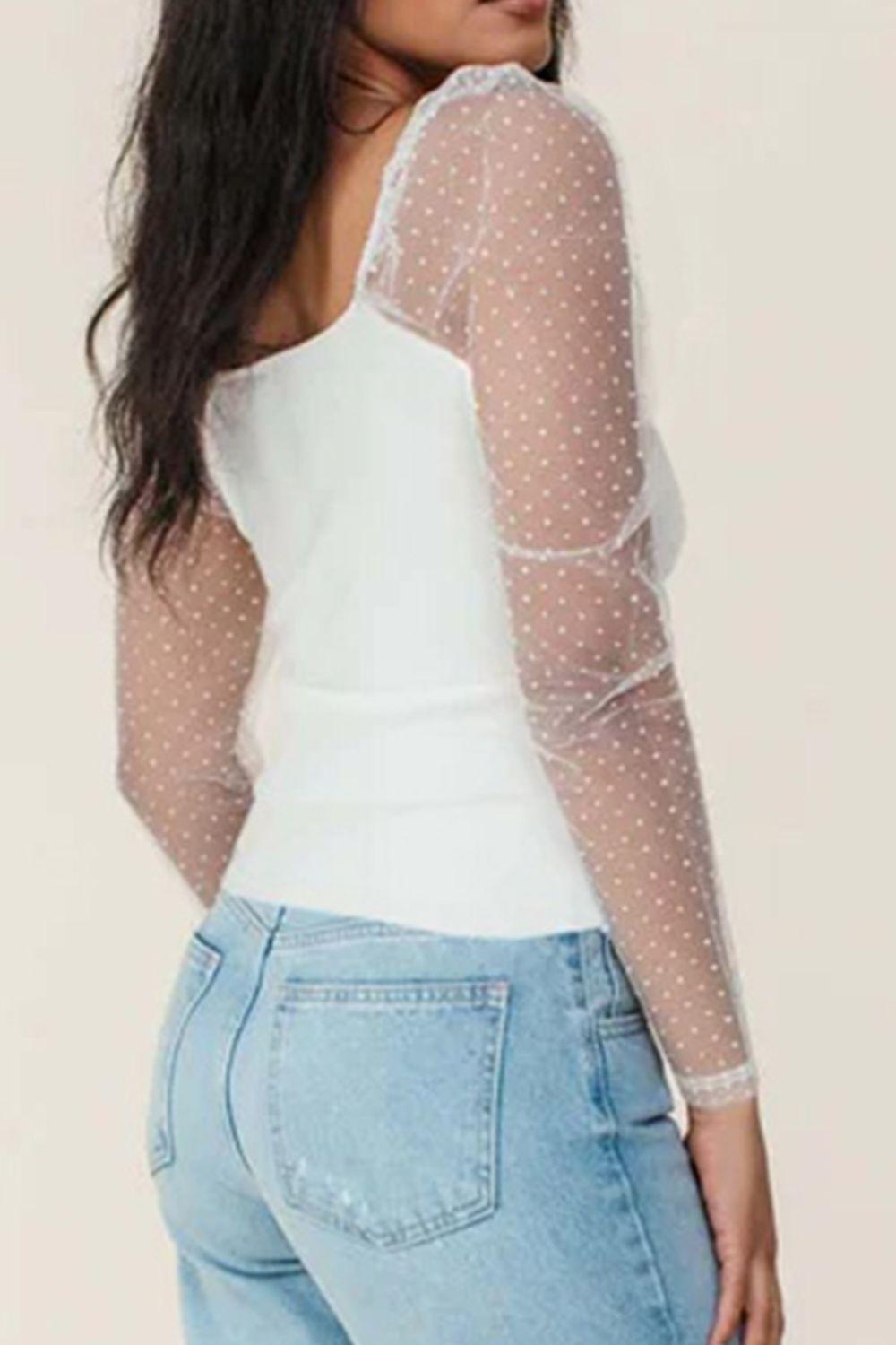 Swiss Dot Mesh Long Sleeve Square Neck Slim Top - Clothes For Her Online Store
