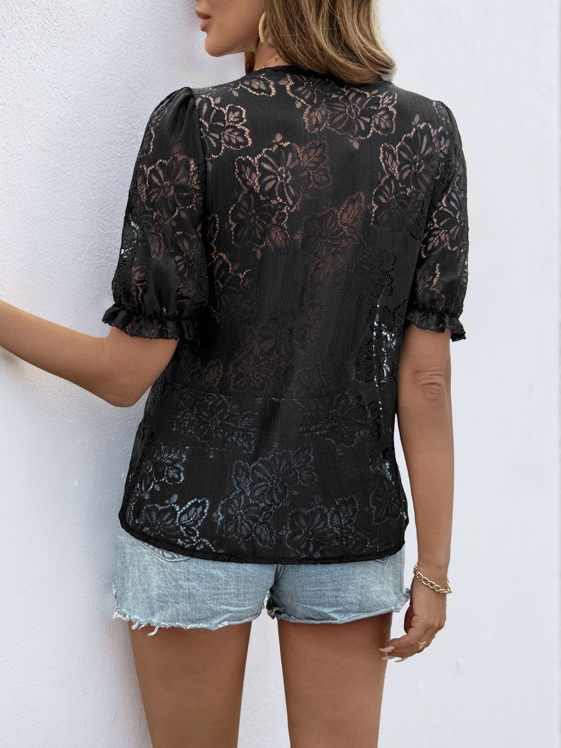 Perfee Button Down Short Sleeve Lace Shirt - Clothes For Her Online Store