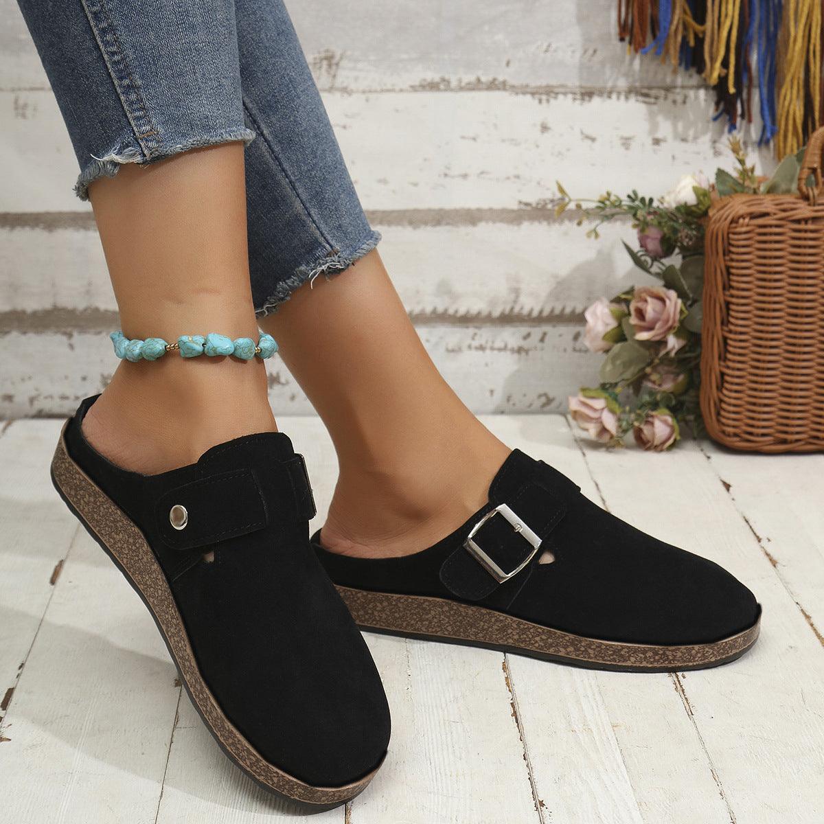 Suede Round Toe Buckle Slip-Ons - Clothes For Her Online Store
