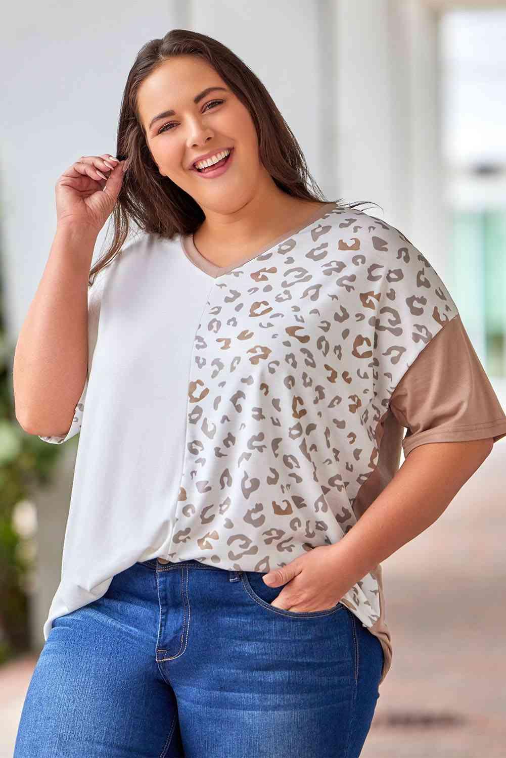 Plus Size Leopard V-Neck T-Shirt - Clothes For Her Online Store