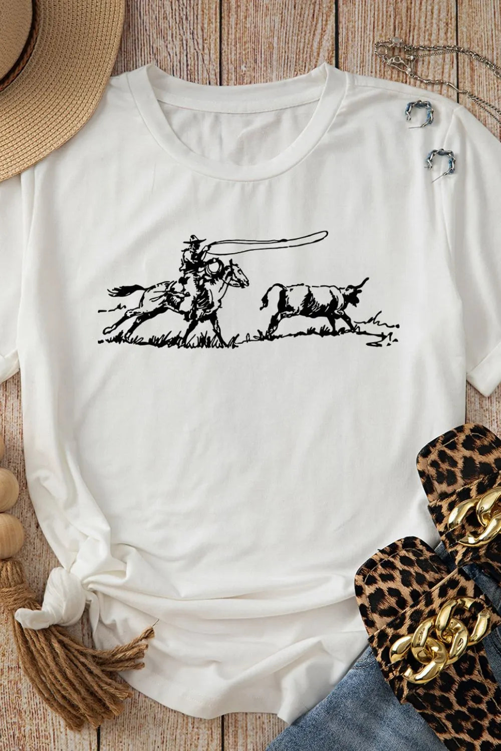 Western Rodeo Graphic Round Neck T Shirt