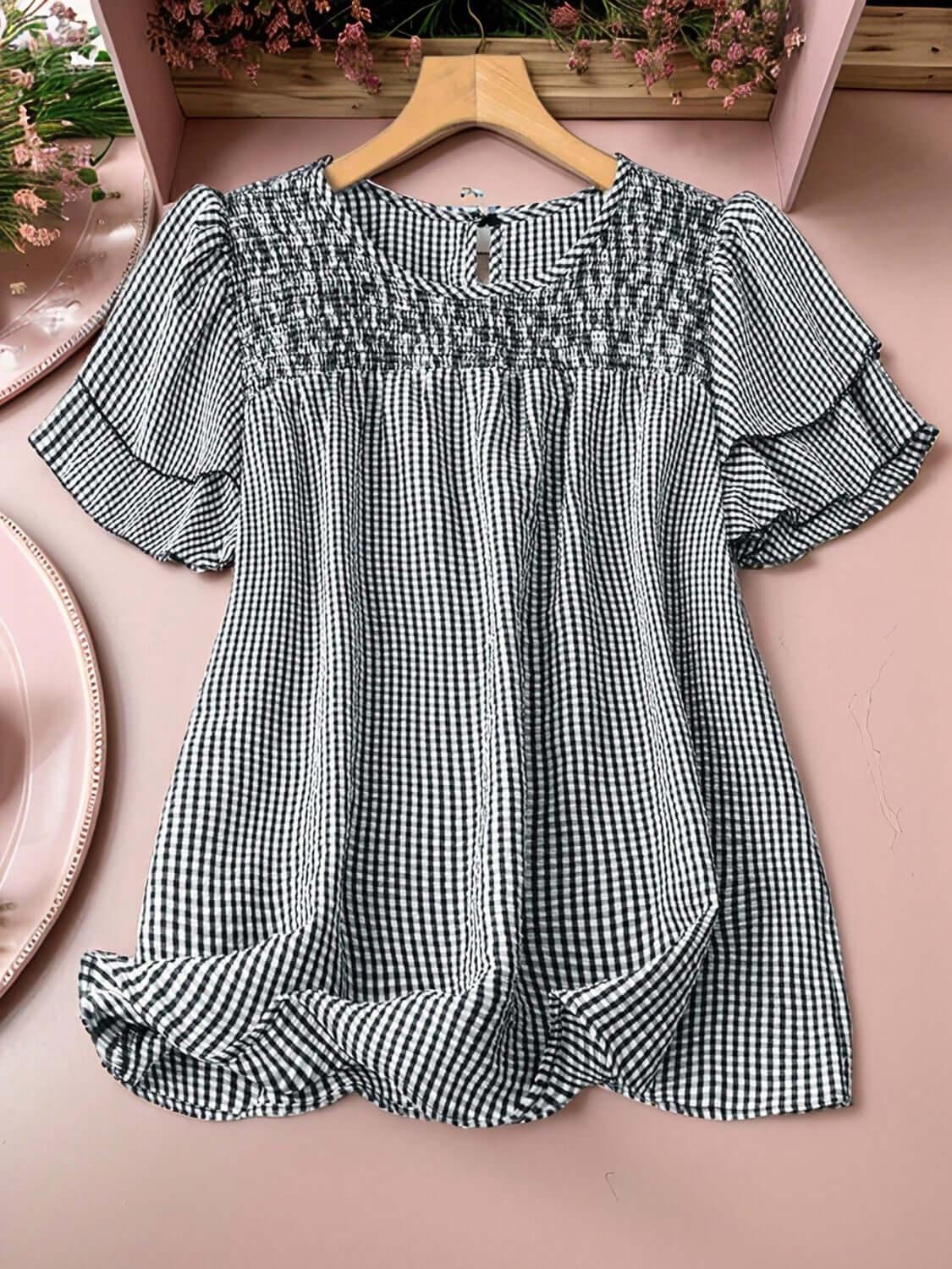 Smocked Plaid Round Neck Layered Short Sleeve Blouse - Clothes For Her Online Store