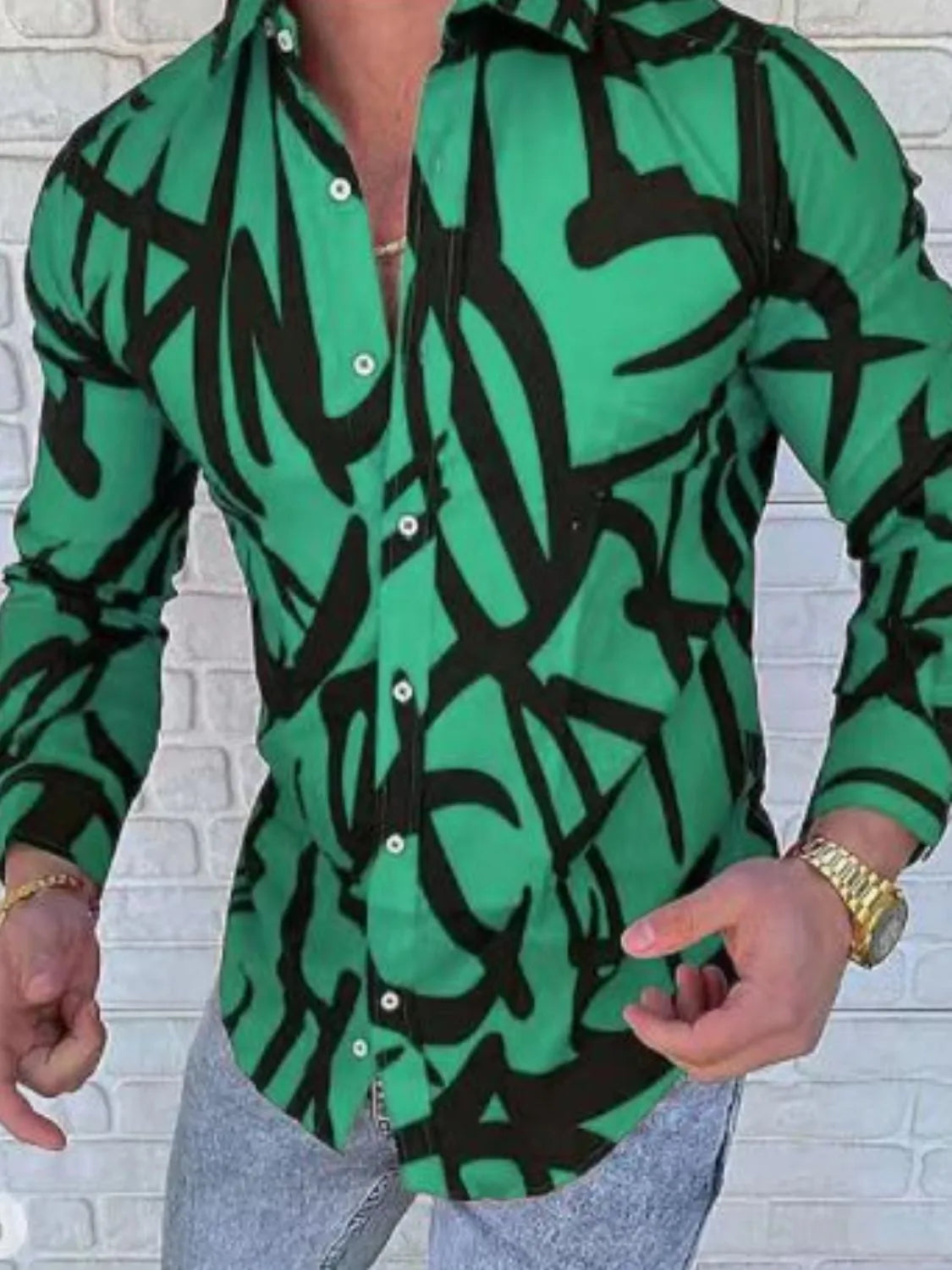 Men's Plus Size Printed Button Up Long Sleeve Shirt