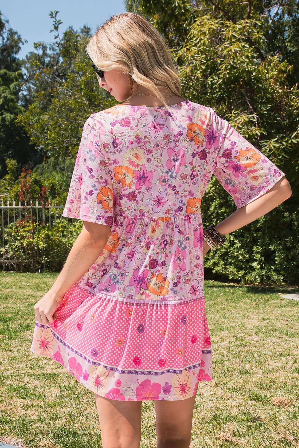 Floral Polka Dot Buttoned Mini Dress - Clothes For Her Online Store