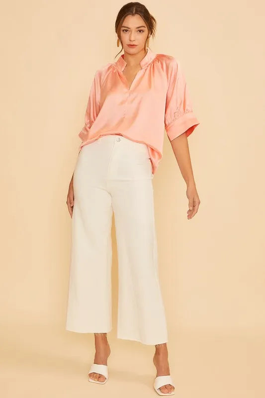 Annie Wear Satin V Neck Open Short Sleeve Woven Blouse Top