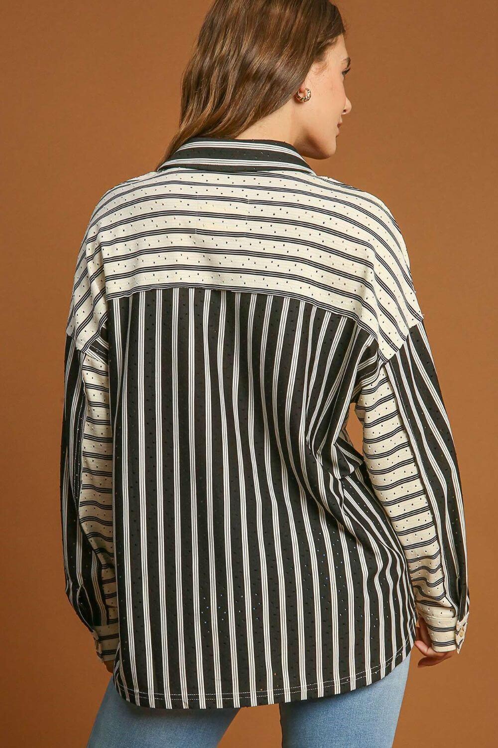 Umgee Full Size Pointelle Stripped Half Button Collared Neck Top Plus Size - Clothes For Her Online Store