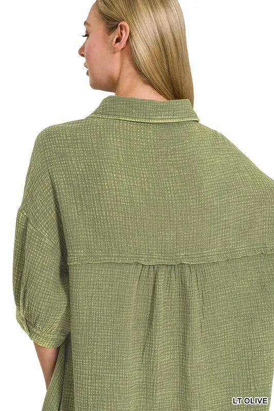 Zenana Washed Double Gauze Button Down Shirt Dress