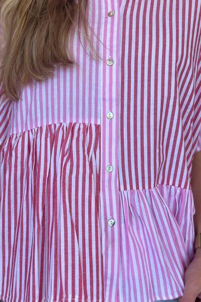 Button Down Striped Ruffled Hem Shirt - Clothes For Her Online Store