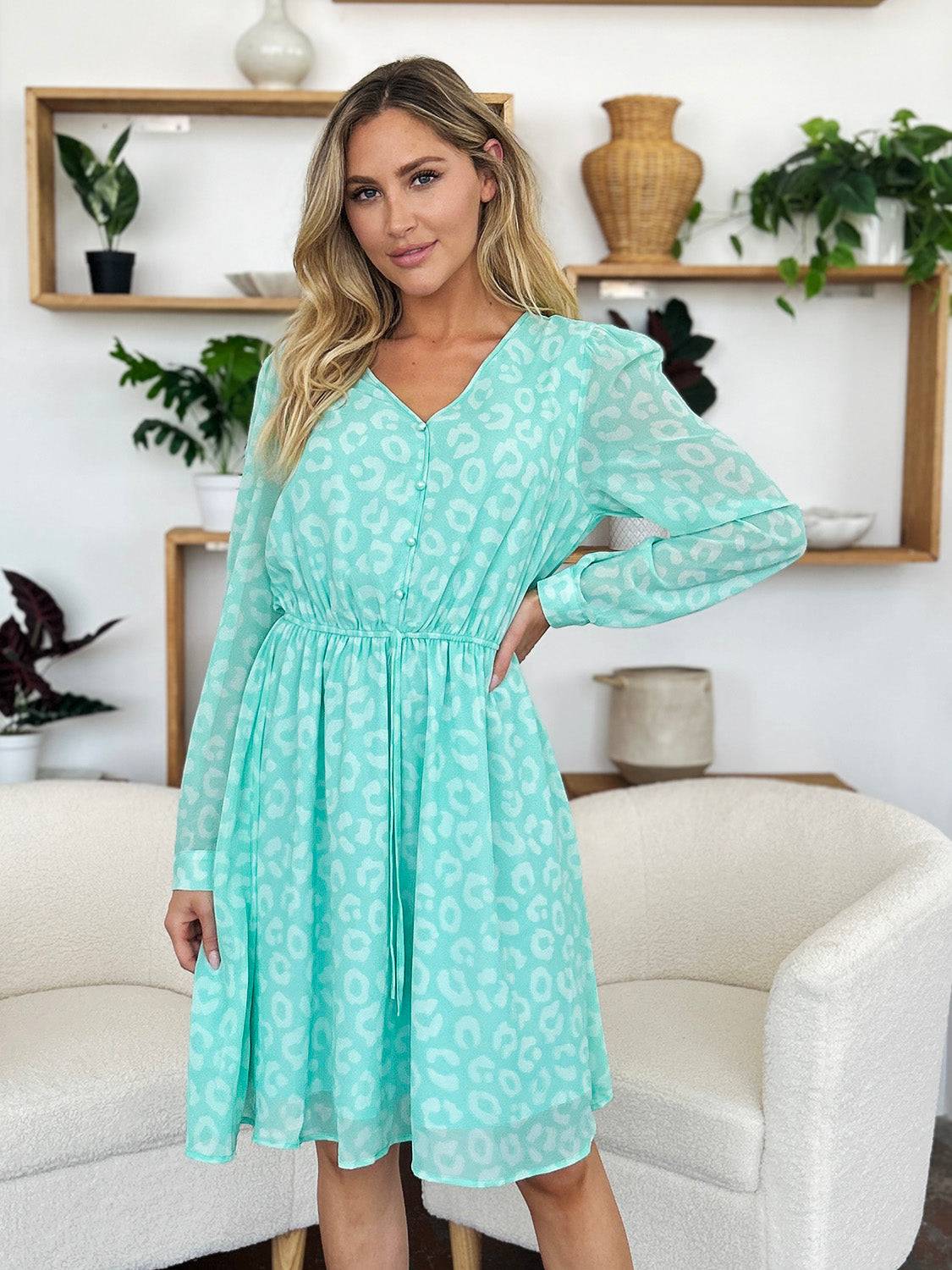 Double Take Full Size Printed Ruched V-Neck Long Sleeve Dress - Clothes For Her Online Store
