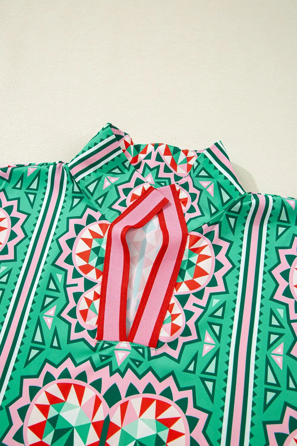 Boho Abstract Print Contrast Striped Collared V Neck Blouse