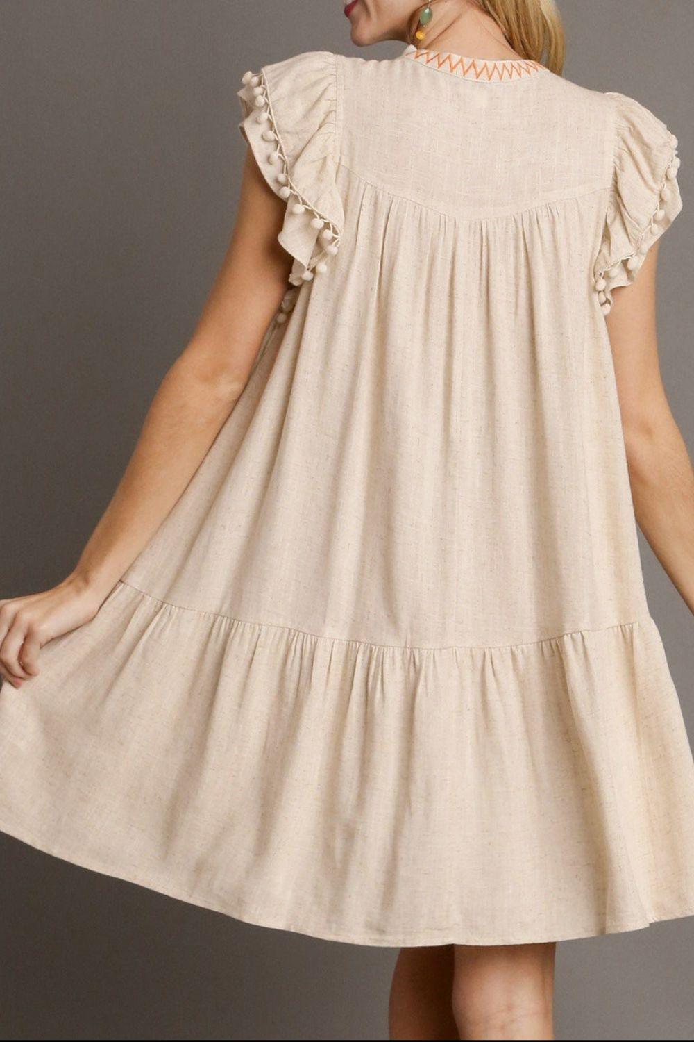 Floral Embroidery Pom Pom Ruffle Sleeves Mini Dress - Clothes For Her Online Store