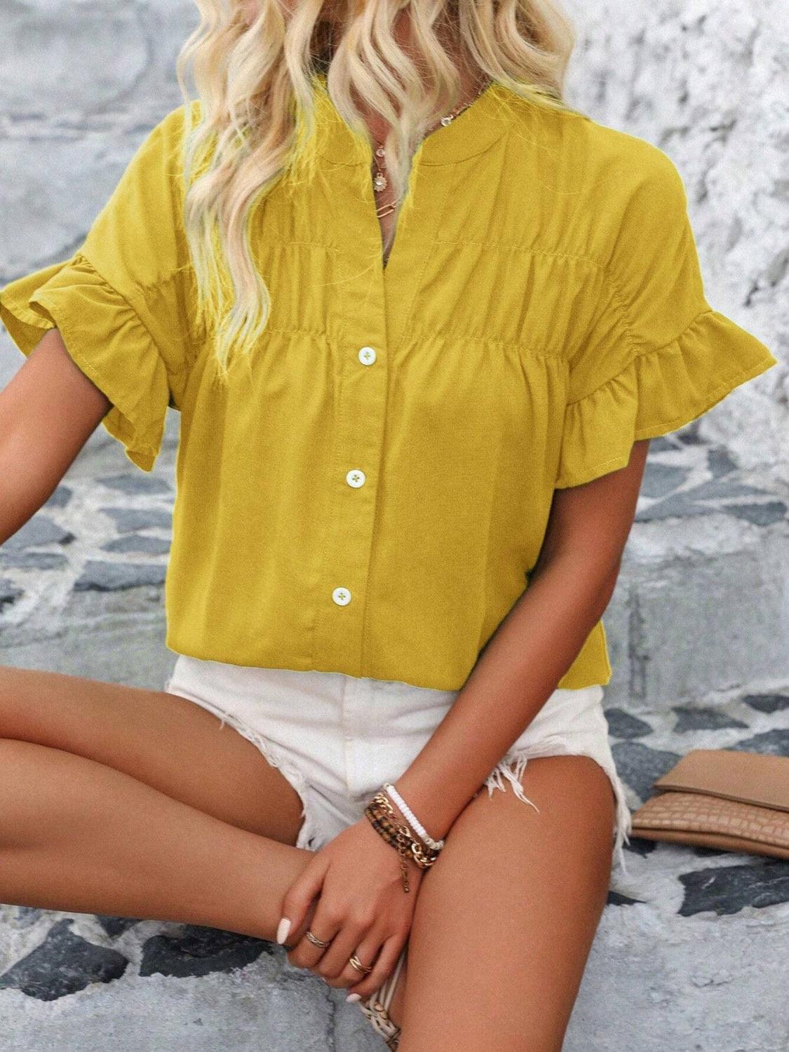 Button Down Ruffled Short Sleeve Shirt - Clothes For Her Online Store