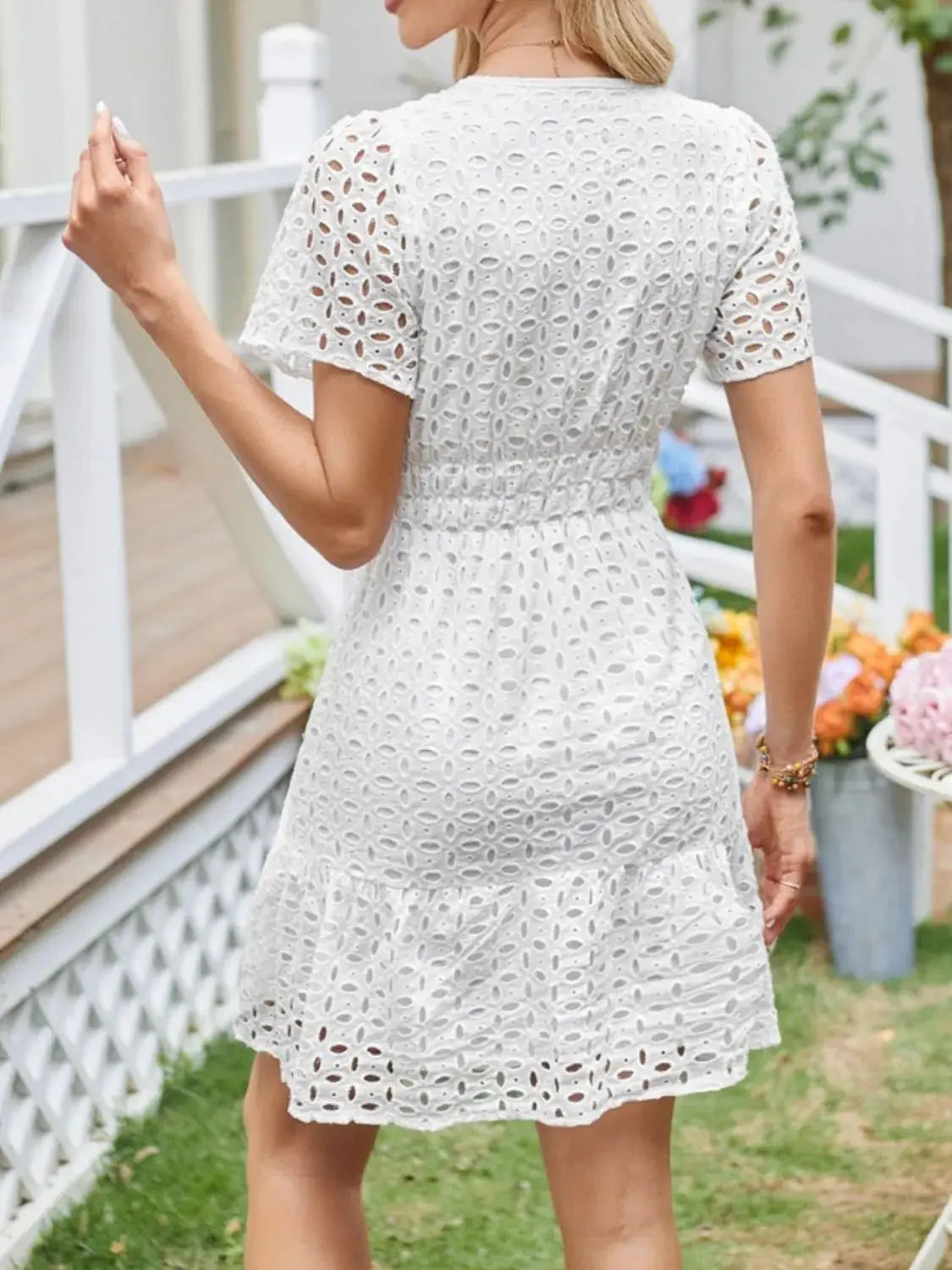 Eyelet Notched Short Sleeve Dress - Clothes For Her Online Store