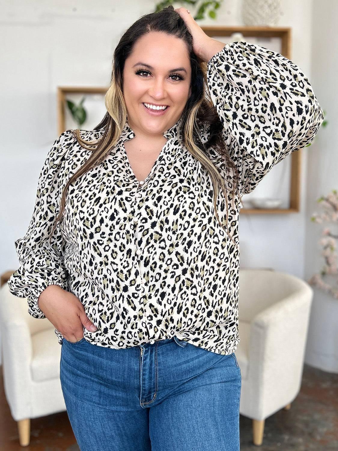 Double Take Full Size Leopard Long Sleeve Blouse - Clothes For Her Online Store