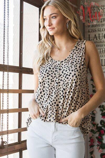 Heimish Full Size Front Button Animal Print Sleeveless Top Plus Size - Clothes For Her Online Store