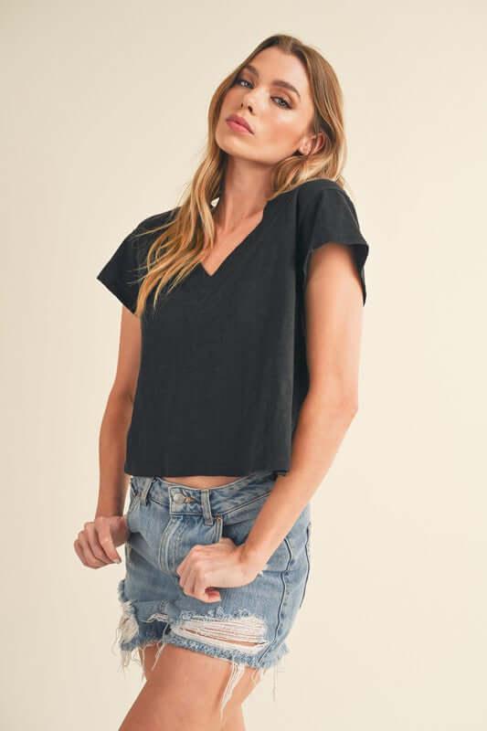 Aemi + Co Side Slit V-Neck Short Sleeve Cropped T-Shirt - Clothes For Her Online Store
