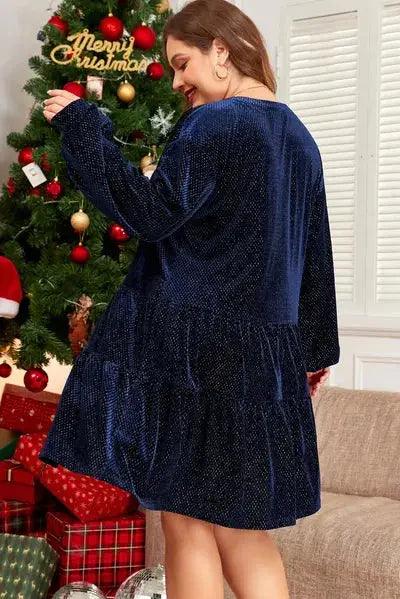 Plus Size Textured Velvet Decorative Button Long Sleeve Dress - Clothes For Her Online Store