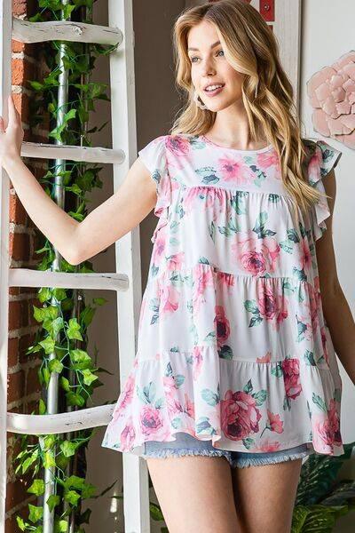 Heimish Full Size Butterfly Short Sleeve Round Neck Floral Print Tiered Top Plus Size - Clothes For Her Online Store