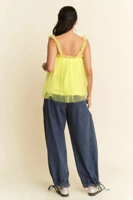 Davi & Dani Shirred Ruffle Strap Tulle Babydoll Top - Clothes For Her Online Store