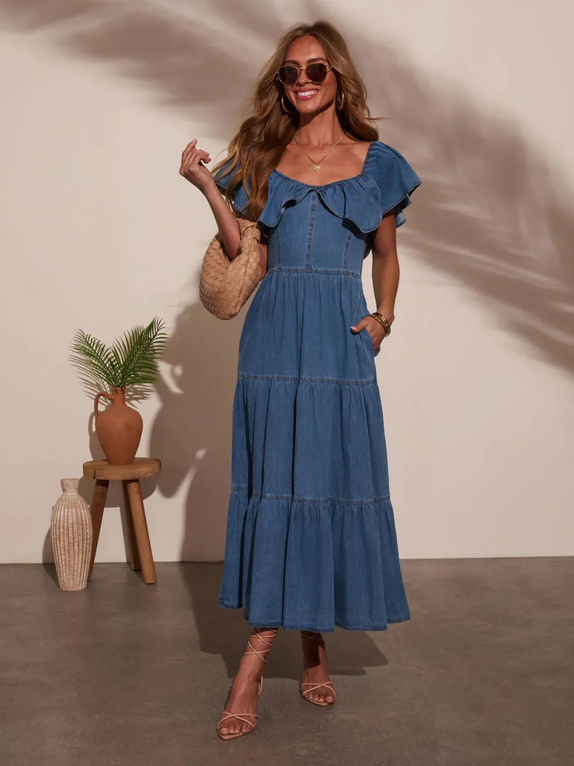 Off Shoulder Ruffle Tiered Denim Dress