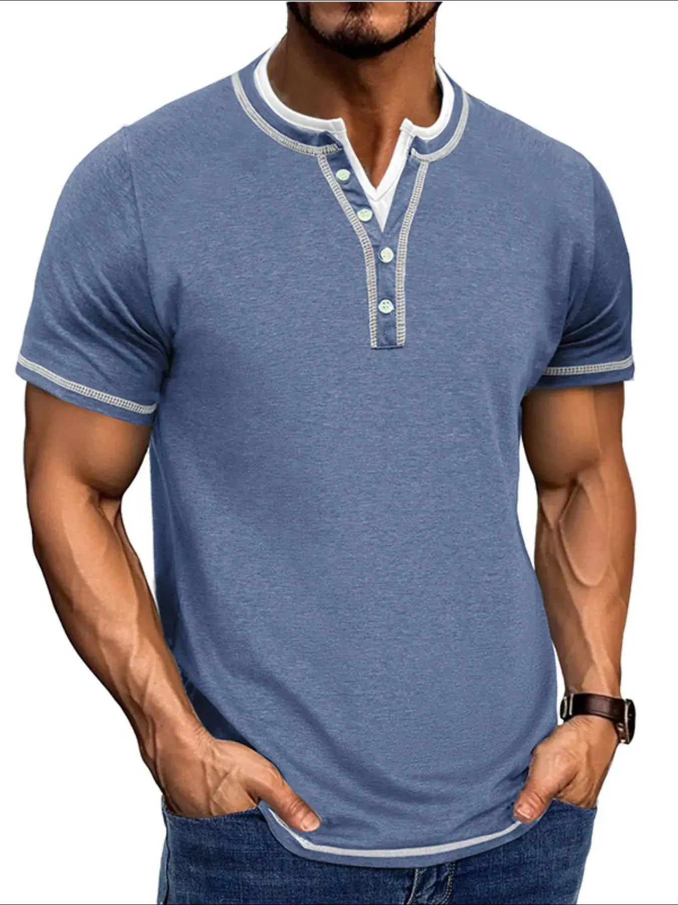 Men's Casual Henley Polo Shirt with Contrast Trim