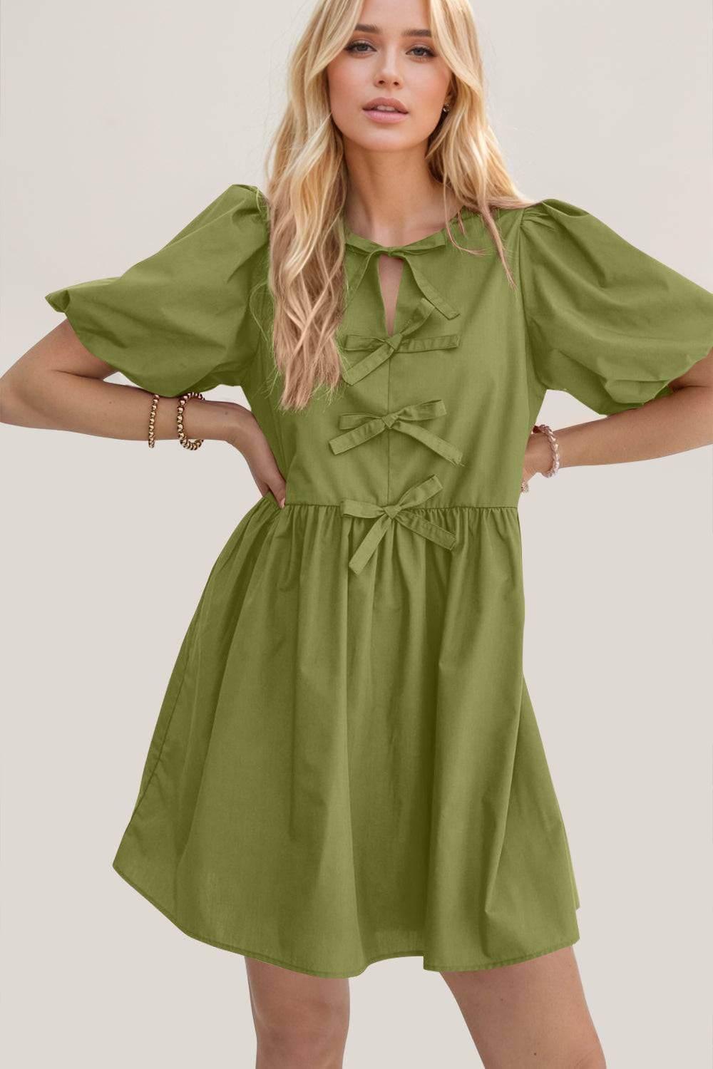 Oh Bow Ruched Puff Sleeve Mini Dress - Clothes For Her Online Store